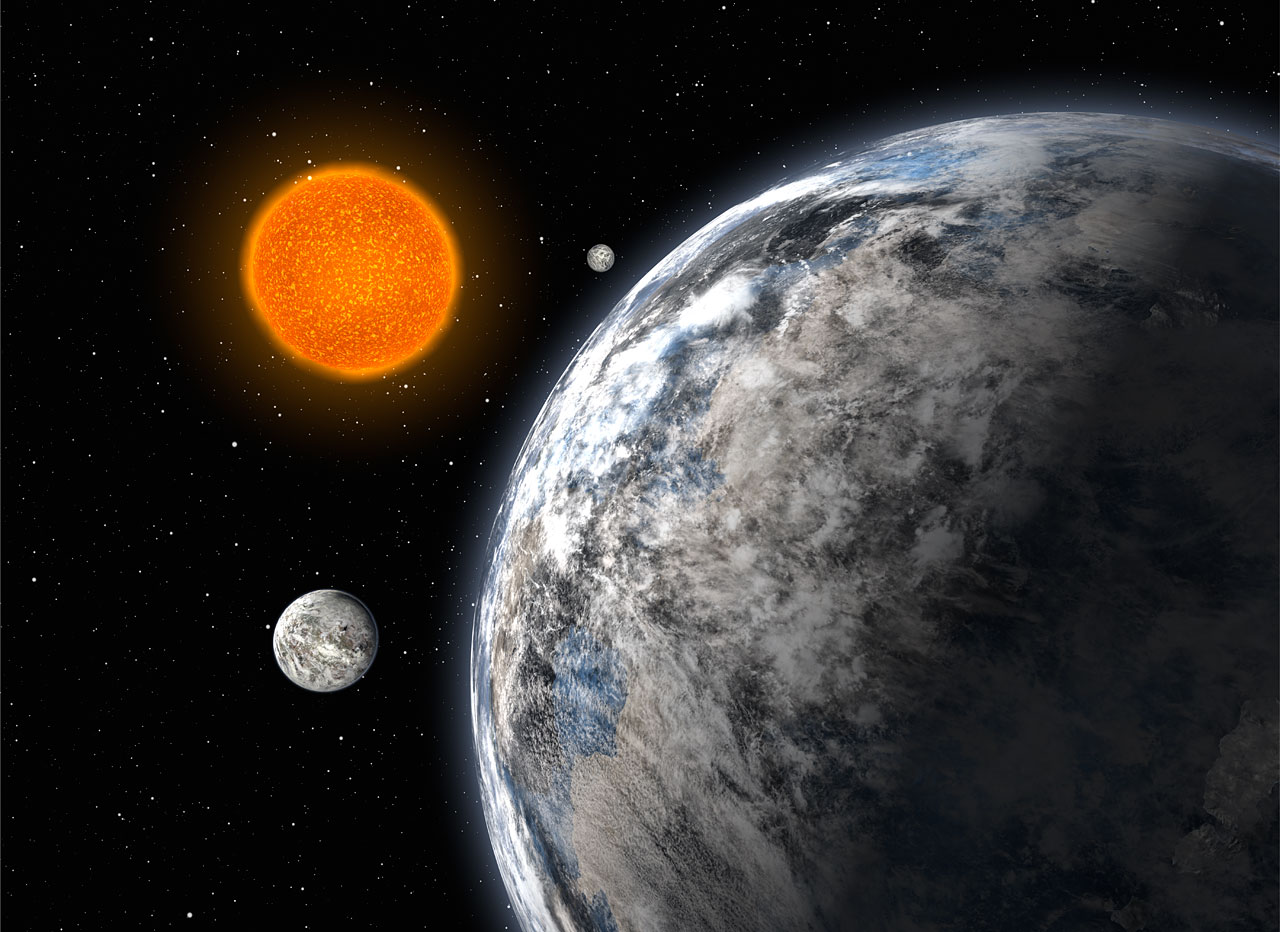 Artist's impression of the trio of super-Earths discovered by an European team using the HARPS spectrograph on ESO's 3.6-m telescope at La Silla, Chile, after 5 years of monitoring. The three planets, having 4.2, 6.7, and 9.4 times the mass of the Earth, orbit the star HD 40307 with periods of 4.3, 9.6, and 20.4 days, respectively.